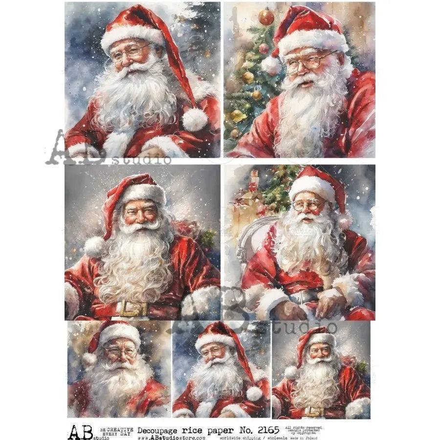 AB Studio, Rice Paper, Decoupage, Christmas, Santa, Squares, Santa, Portraits, Ornaments, Holiday Decorations, 2165, A4 - 8.27 X 11.69 AB Studio