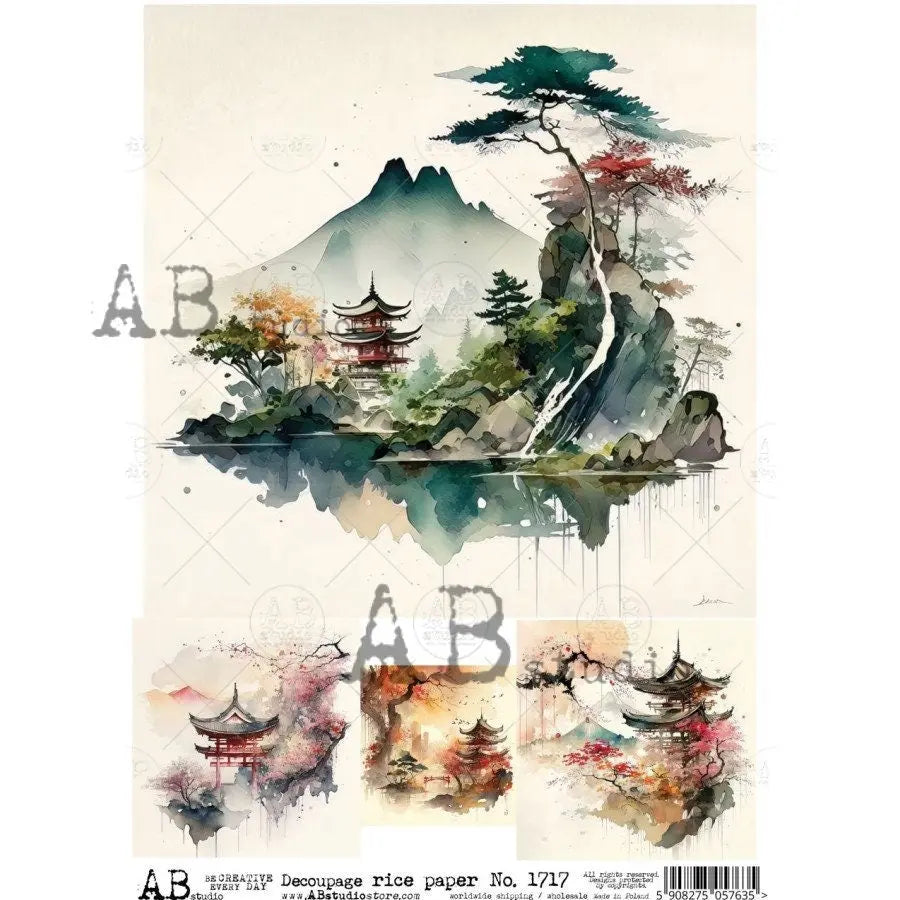 AB Studio, Rice Paper for Decoupage, Shabby Chic, Asian, Landscape, Bridges, Japanese, Trees, Flowers, 1717, A4 8.27 X 11.69 Imported Poland AB Studio