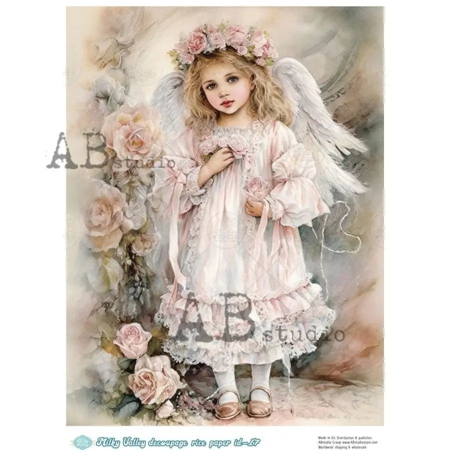 AB Studio, Milky Valley, Rice Paper, Decoupage, Shabby Chic, Vintage Style, Child, Girl, Lace, Angel, Roses, ID-17, A4 8.27 X 11.69 AB Studio