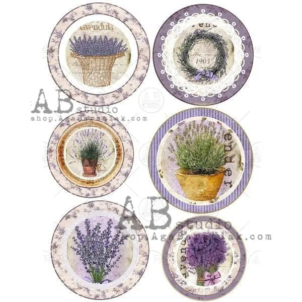 AB Studio, Rice Paper, Decoupage, Shabby Chic, Lavender, Purple, Rounds, Provence, Potted, Wreaths, A4, 0376, 8.27 X 11.69 AB Studio
