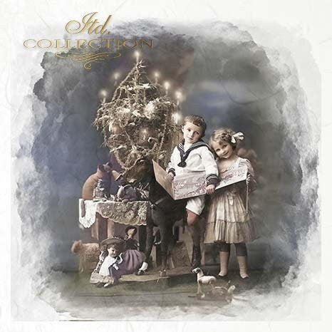 ITD Collection, Rice Paper, Mini Set, Decoupage RSM085, 6 sheets, Vintage, Family, Christmas Tree, Children, Celebrating, Ornament Rounds