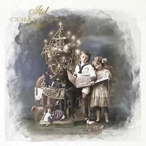 ITD Collection, Rice Paper, Mini Set, Decoupage RSM085, 6 sheets, Vintage, Family, Christmas Tree, Children, Celebrating, Ornament Rounds ITD Collection