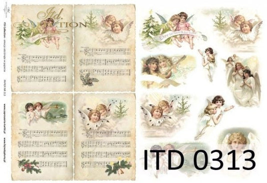 ITD Collection, Thin, Classic Paper, Decoupage, Mixed Media, D0313M, Size A4, 8.27x11.7 inch, Christmas, Angels, Sheet Music, Singing, Choir