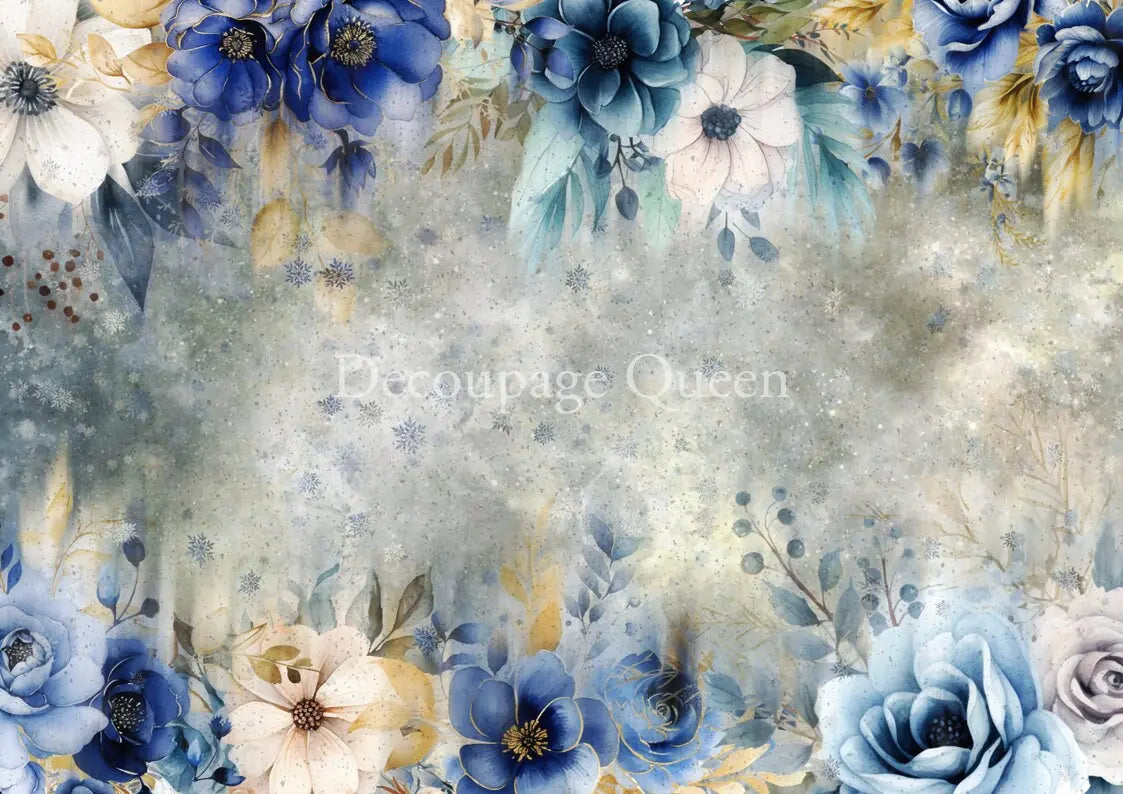 Decoupage Queen, 2023 Winter Release, Christmas, Rice Paper, Dainty and the Queen, A4 8.27 X 11.69, Blue, White Flowers, 0506 Decoupage Queen