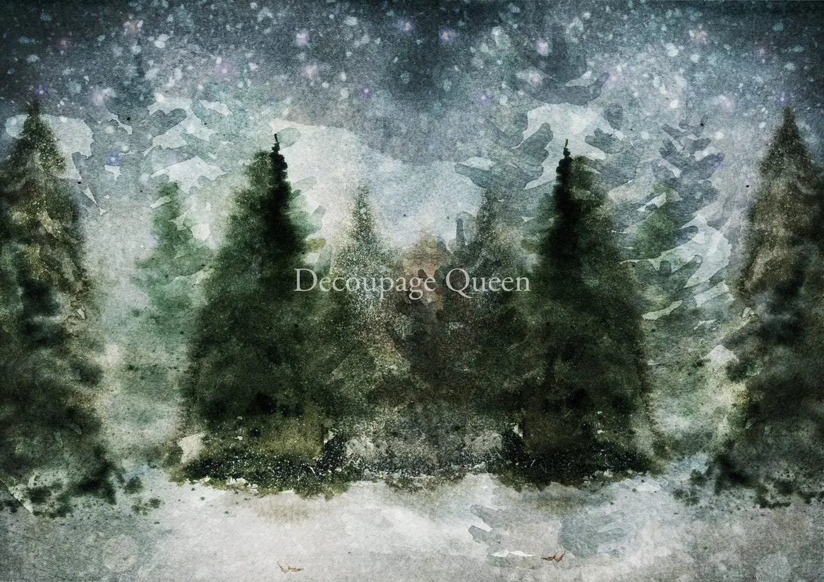 Decoupage Queen, 2023 Winter Release, Christmas, Rice Paper, A4 8.27 X 11.69, Winter, Pine Trees, Snow, Background, 0521 Decoupage Queen