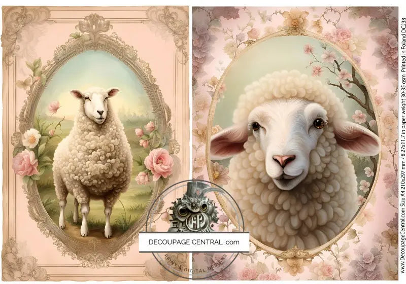 Decoupage Central, Pink Sheep, Roses, Framed, Country, Farm, Shabby chic, DC238, Rice Paper, Decoupage, Mixed Media, A4 - 8.27 X 11.69 in Decoupage Central
