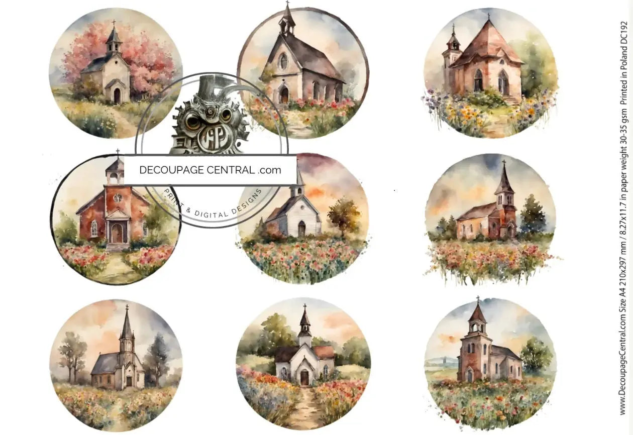 Decoupage Central, Holiday, Churches, Circles, Rounds, Country, Ornaments, DC192, Rice Paper, Decoupage, Mixed Media, A4 8.27x11.69 in Decoupage Central