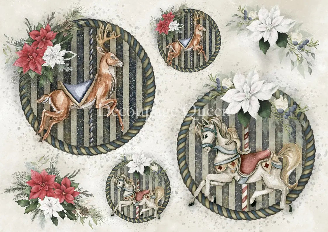 Decoupage Queen, 2023 Winter Release, Christmas, Rice Paper, A4 8.27 X 11.69, Dainty and the Queen, Jolly, Carousel Rounds, Ornaments 0509 Decoupage Queen