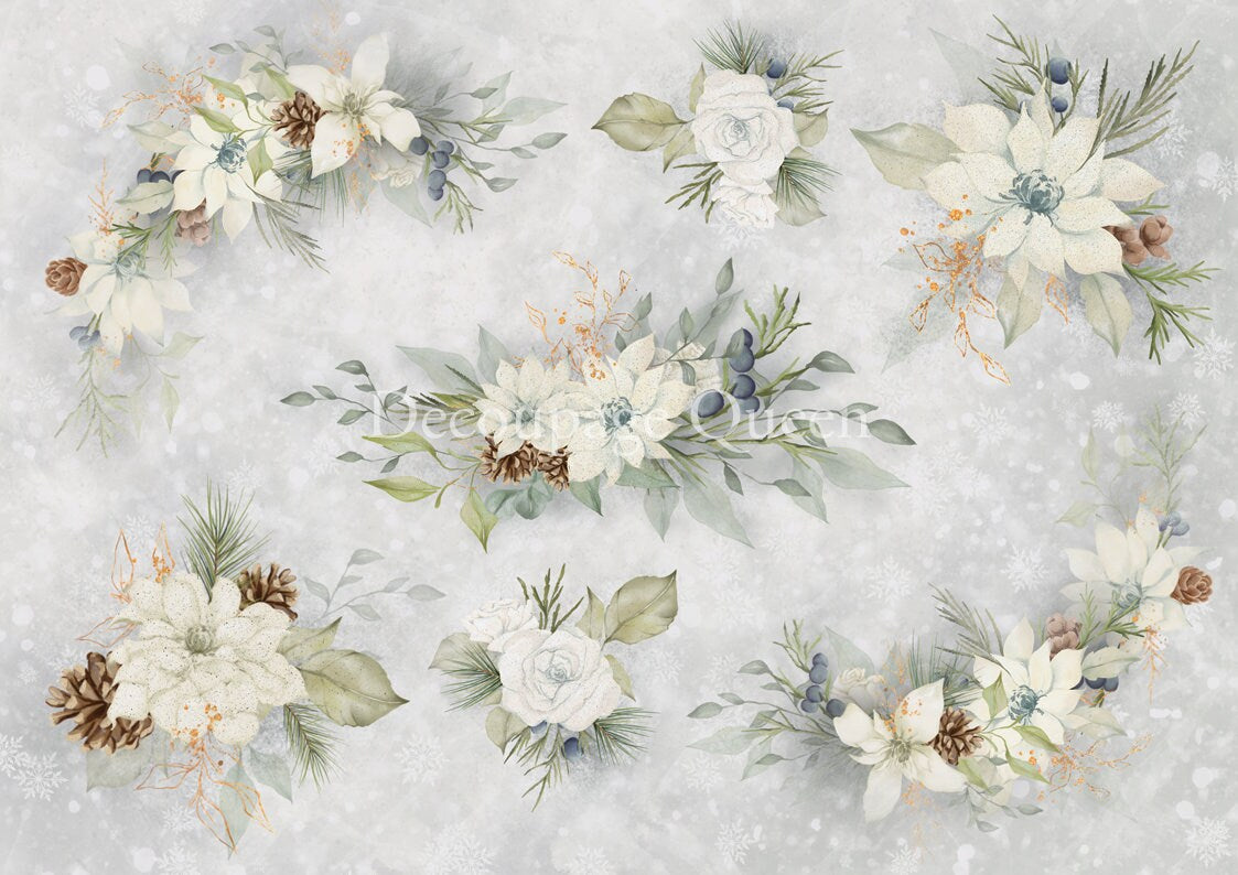 Decoupage Queen, 2023 Winter Release, Christmas, Rice Paper, A4 8.27 X 11.69, Dainty and the Queen, White, Flowers, 0511