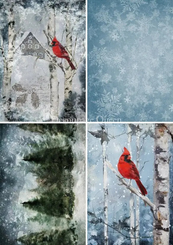 Decoupage Queen, 2023 Winter Release, Christmas, Rice Paper, A4 8.27 X 11.69, Cardinals, Trees, Snowflakes, Squares, 0523 Decoupage Queen