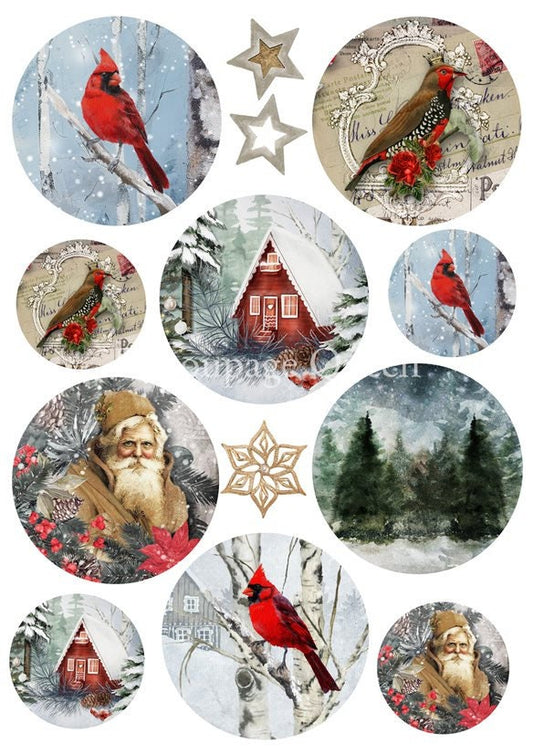 Decoupage Queen, 2023 Winter Release, Christmas, Rice Paper, A4 8.27 X 11.69, Ornament, Rounds, Cardinals, Santa, 0524