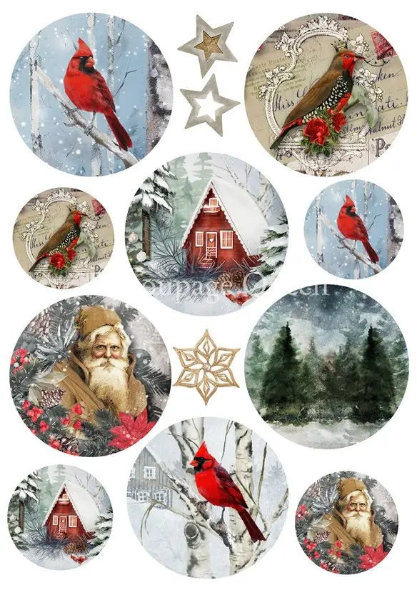 Decoupage Queen, 2023 Winter Release, Christmas, Rice Paper, A4 8.27 X 11.69, Ornament, Rounds, Cardinals, Santa, 0524 Decoupage Queen
