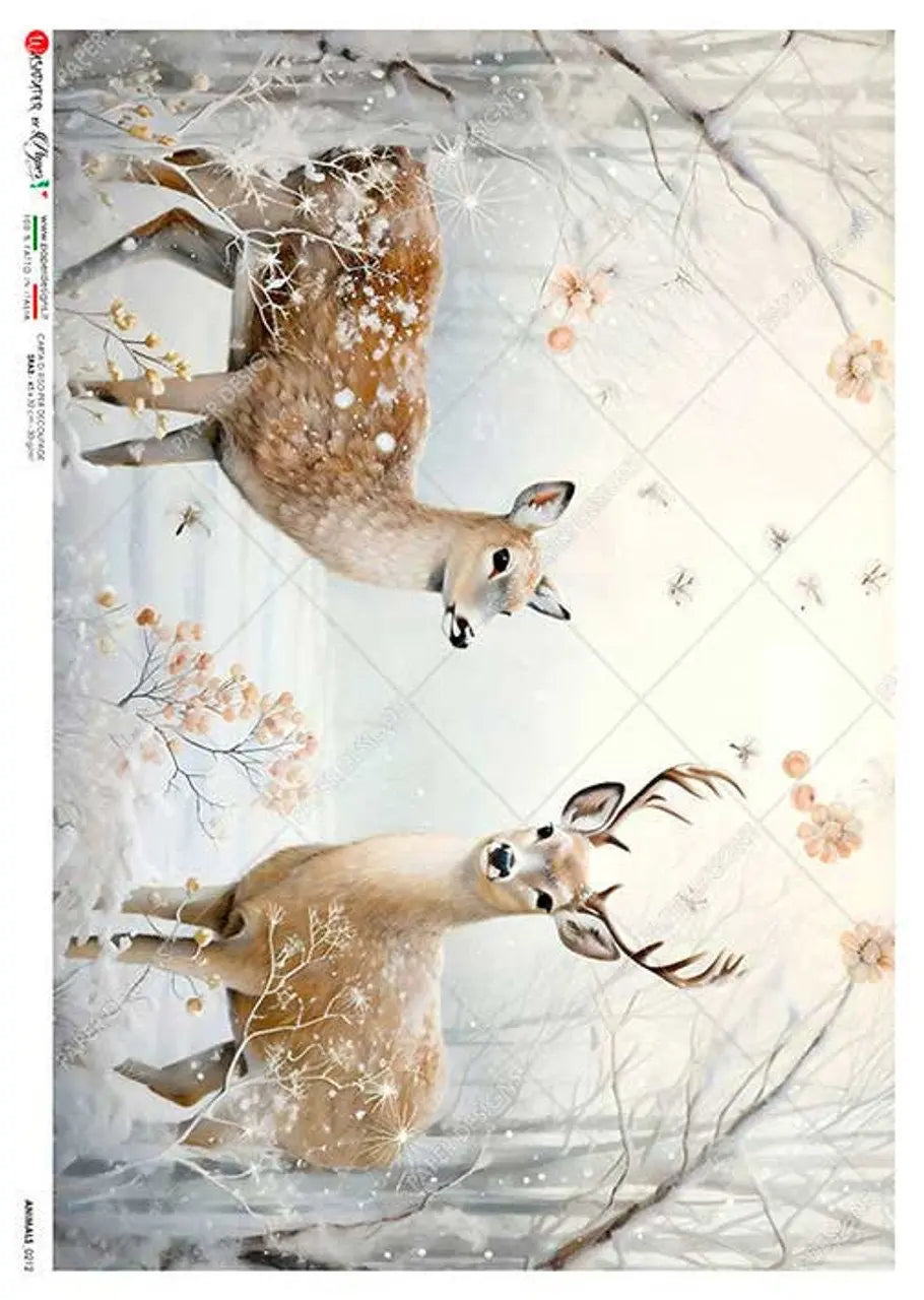 Paper Designs, 2023 Christmas Release, Mom Baby Deer, Winter Scene, Snow, Forest, Holiday, 0212, A4, 8.3" X 11.7" Rice Paper for Decoupage Paper Designs