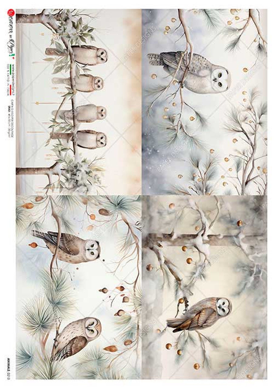 Paper Designs, 2023 Christmas Release, Owls, Squares, Winter Scene, Snow, Forest, Holiday, 0213, A4, 8.3" X 11.7" Rice Paper for Decoupage