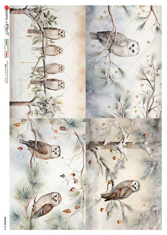 Paper Designs, 2023 Christmas Release, Owls, Squares, Winter Scene, Snow, Forest, Holiday, 0213, A4, 8.3" X 11.7" Rice Paper for Decoupage