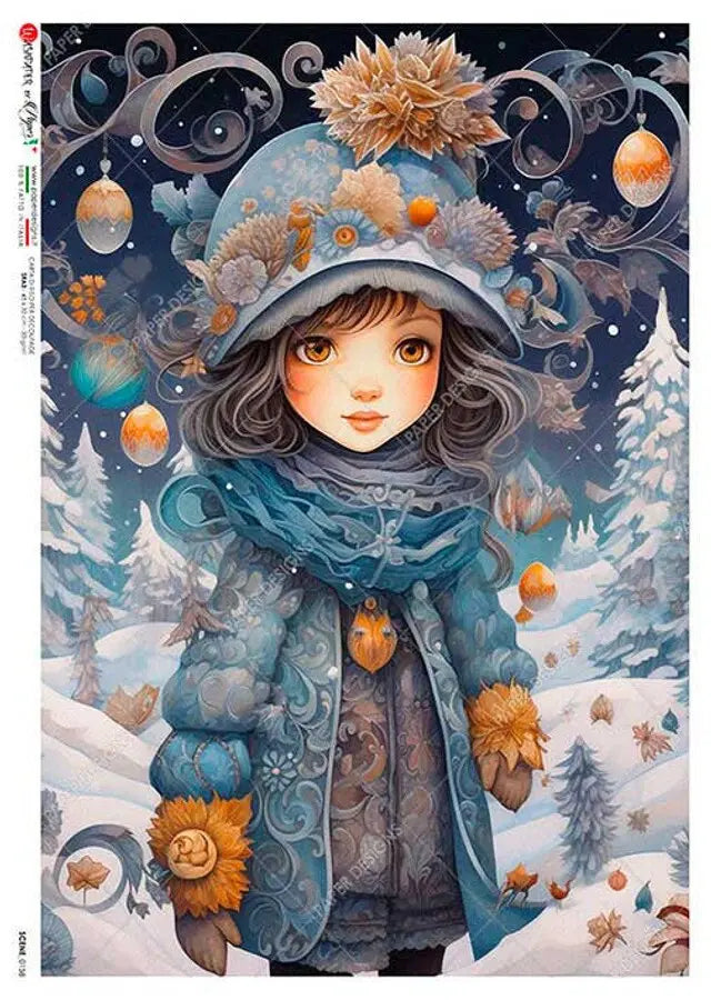 Paper Designs, 2023 Release, Winter, Girl, Wonderland, Shabby Chic, Vintage Style, Rice Paper, Decoupage, Mixed Media, 0158, A4 8.3" X 11.7 Paper Designs