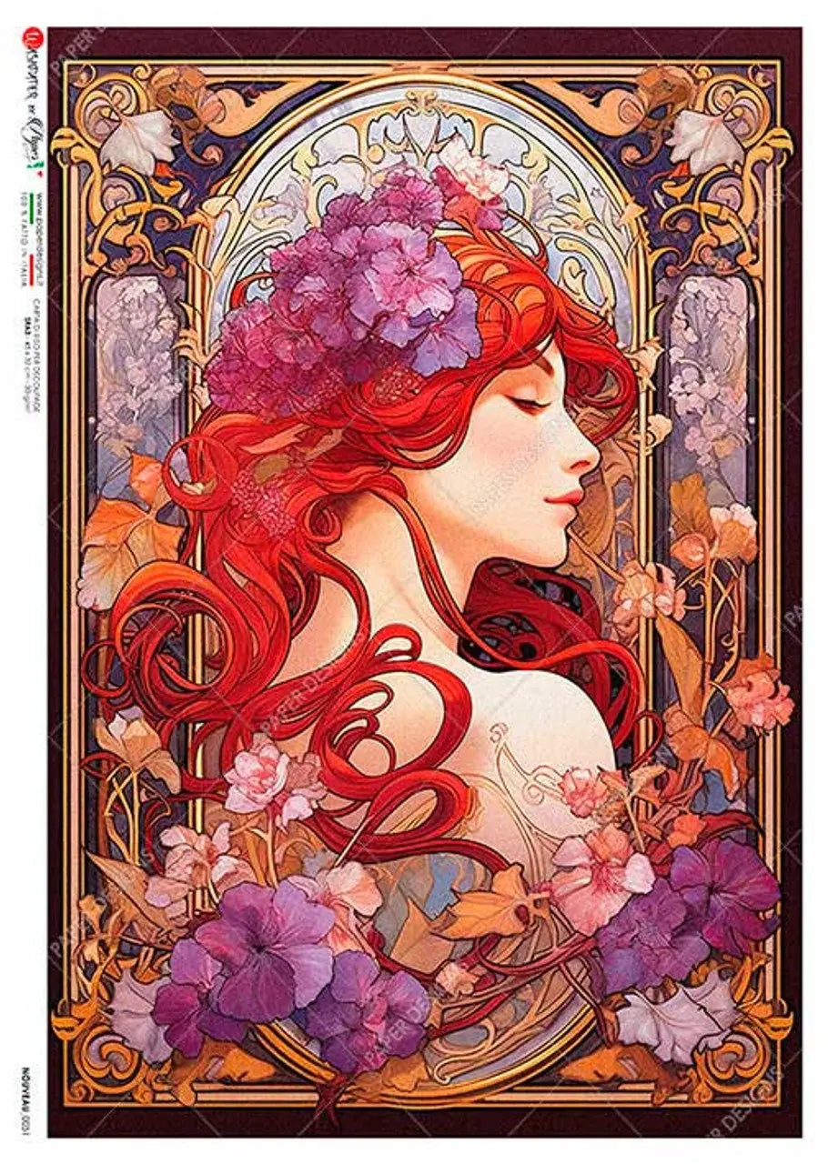 Paper Designs, 2023 Release, Art Nouveau Style, Woman Side Portrait, Pansies, Rice Paper, Decoupage, Mixed Media, 0051, A4 8.3" X 11.7" Paper Designs