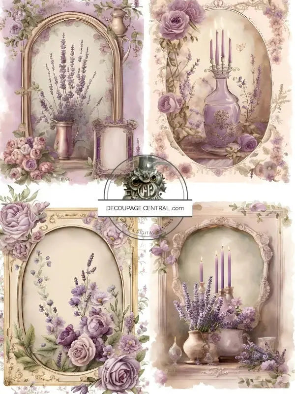 Decoupage Central, Victorian, Lavender, Shabby chic, Squares, Vases, DC195, Rice Paper, Decoupage, Mixed Media, A4 - 8.27 X 11.69 in Decoupage Central