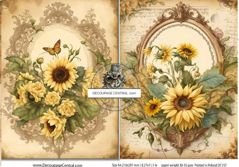Decoupage Central, Gold, Framed, Sunflowers, Vintage, Shabby Chic Style, DC157, Rice Paper, Decoupage, Mixed Media, A4 8.27x11.69 Decoupage Central