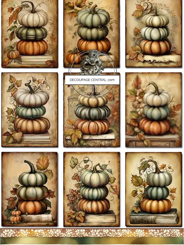 Decoupage Central, Stacked, Fall, Pumpkins, Vintage, Shabby Chic Style, Squares, DC168, Rice Paper, Decoupage, Mixed Media, A4 8.27x11.69 Decoupage Central