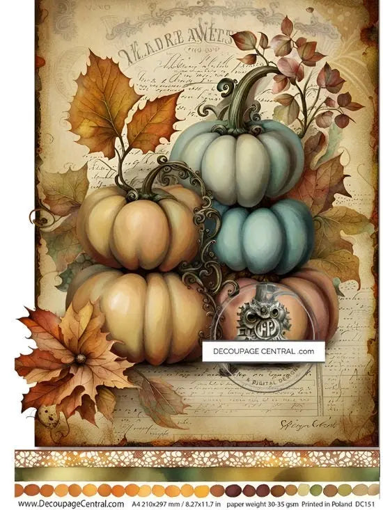 Decoupage Central, Stacked, Fall, Pumpkins, Vintage, Shabby Chic Style, DC151, Rice Paper, Decoupage, Mixed Media, A4 8.27x11.69 Decoupage Central