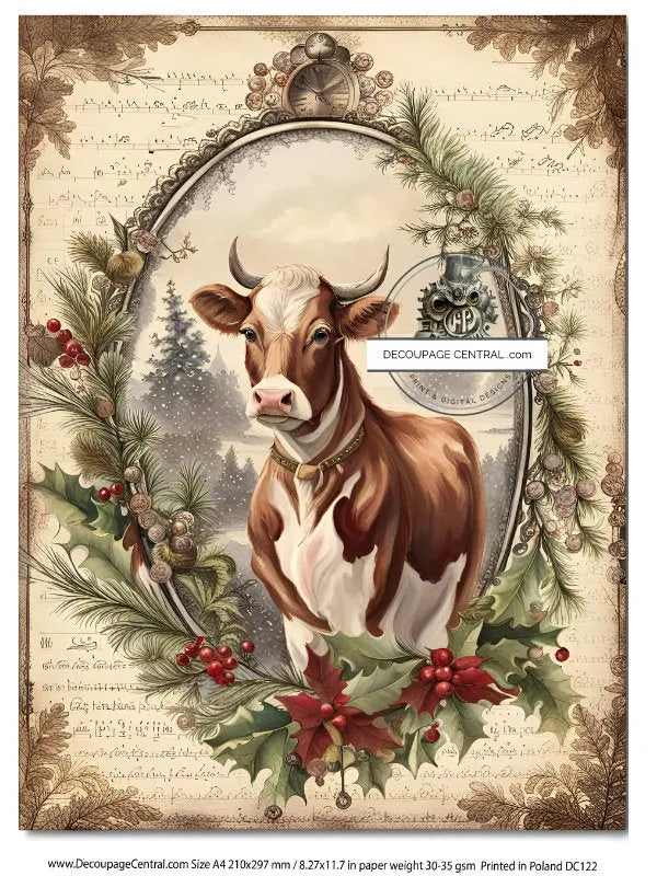 Decoupage Central, Christmas, Framed, Cow, Holly Berries, Vintage, Shabby Chic Style, DC122, Rice Paper, Decoupage, Mixed Media, A4 8.2x11.6 Decoupage Central