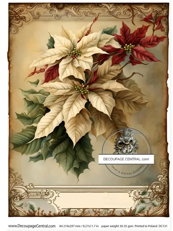 Decoupage Central, Holiday, Poinsettia, Christmas, Vintage Style, Shabby chic, DC131, Rice Paper, Decoupage, Mixed Media, A4 8.27x11.69 in Decoupage Central