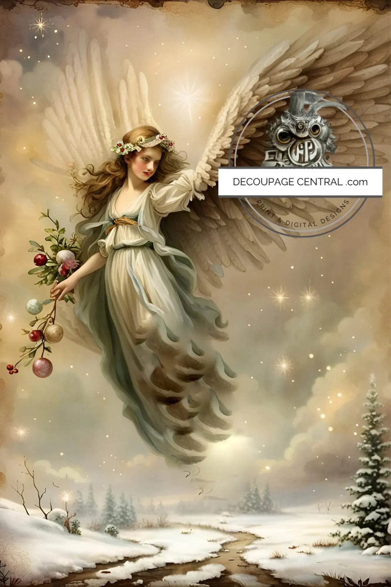 Decoupage Central, Christmas, Angel, Winter, Snow, Shabby Chic Style, DC129, Rice Paper, Decoupage, Mixed Media, A4 8.2x11.6 Decoupage Central