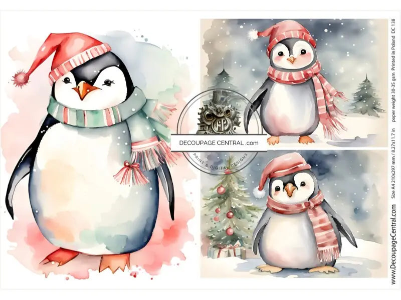 Decoupage Central, Christmas, Penguins, Trio, Holiday, Decoration, DC138, Rice Paper, Decoupage, Mixed Media, A4 8.27x11.69 in Decoupage Central