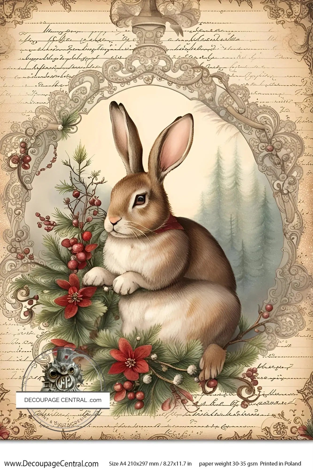 Decoupage Central, Christmas, Frames, Bunny, Rabbit, Holly, Berries, Vintage Style, DC121, Rice Paper, Decoupage, Mixed Media, A4 8.2 x 11.6 Decoupage Central