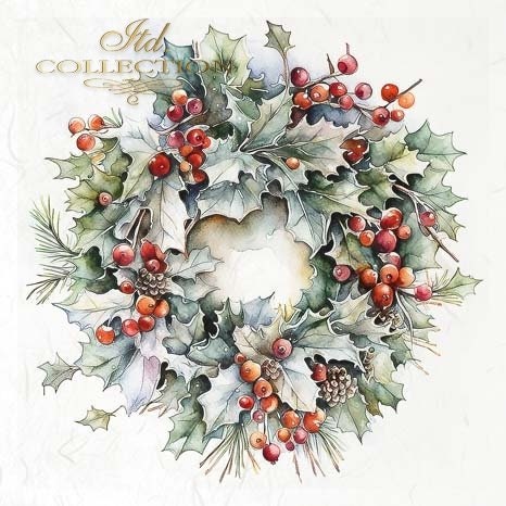 ITD Collection, Rice Paper, Mini Set, Decoupage RSM100, 6 sheets, 14,8x14,8 cm, Christmas Wreaths, Holiday Decorations, Rounds, Ornaments