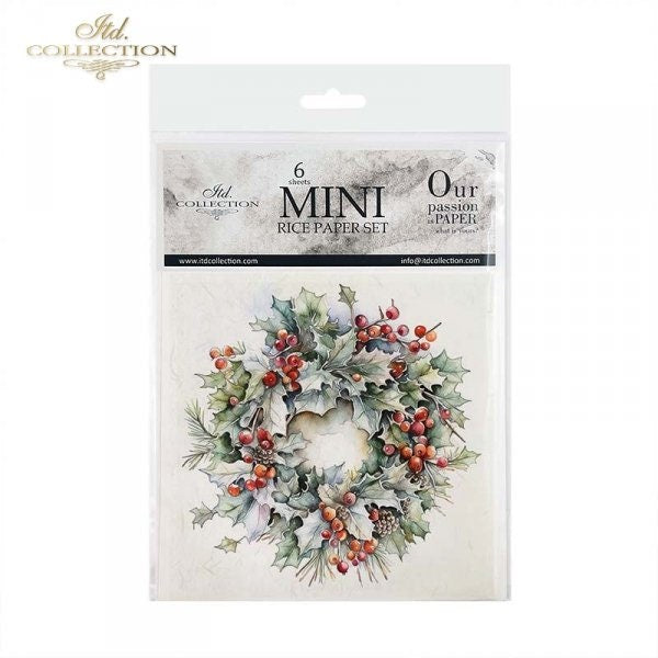 ITD Collection, Rice Paper, Mini Set, Decoupage RSM100, 6 sheets, 14,8x14,8 cm, Christmas Wreaths, Holiday Decorations, Rounds, Ornaments