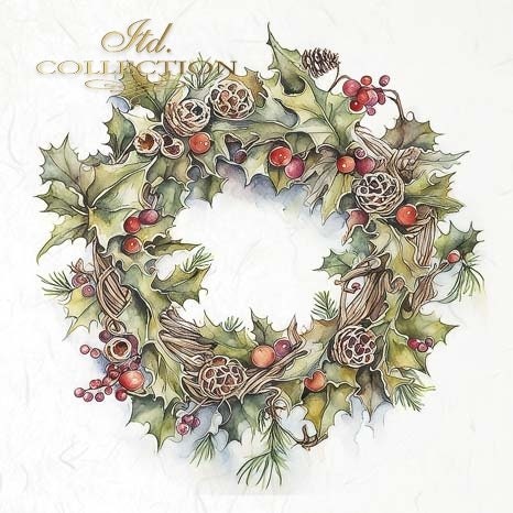 ITD Collection, Rice Paper, Mini Set, Decoupage RSM100, 6 sheets, 14,8x14,8 cm, Christmas Wreaths, Holiday Decorations, Rounds, Ornaments