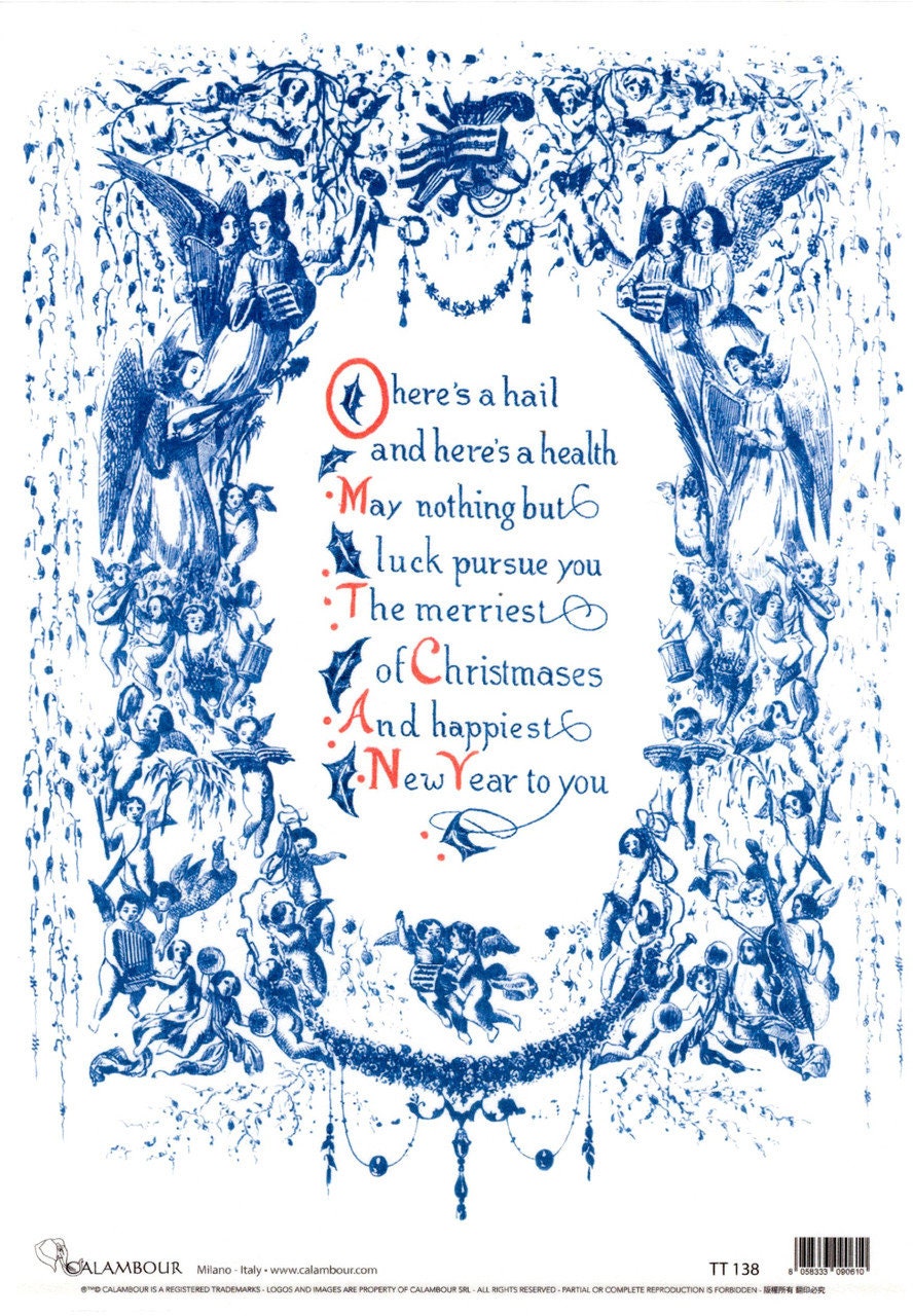 Calambour, Italian Design, Blue Christmas Collection, Framed Poem, Angels, New Year, Vintage Style, TT138 Rice Paper, Decoupage 9.7"x13.5"