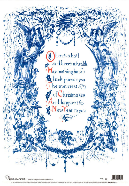 Calambour, Italian Design, Blue Christmas Collection, Framed Poem, Angels, New Year, Vintage Style, TT138 Rice Paper, Decoupage 9.7"x13.5"