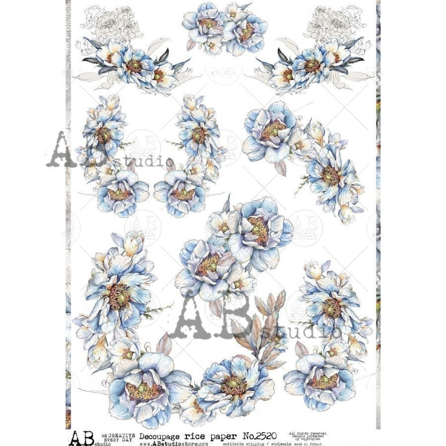 AB Studio Shabby Chic, Blue, White, Flowers, Garland, Wallpaper, Floral, 2520, A4 8.27 X 11.69 Rice Paper Decoupage Imported Poland