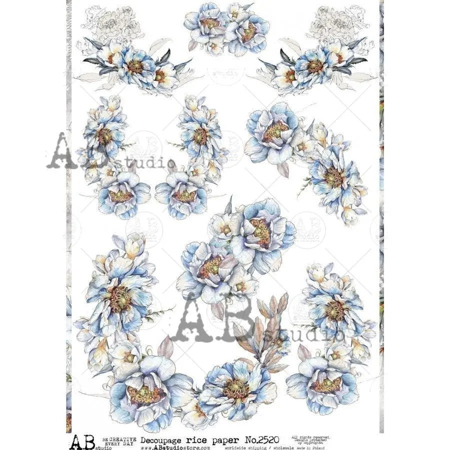 AB Studio Shabby Chic, Blue, White, Flowers, Garland, Wallpaper, Floral, 2520, A4 8.27 X 11.69 Rice Paper Decoupage Imported Poland AB Studio