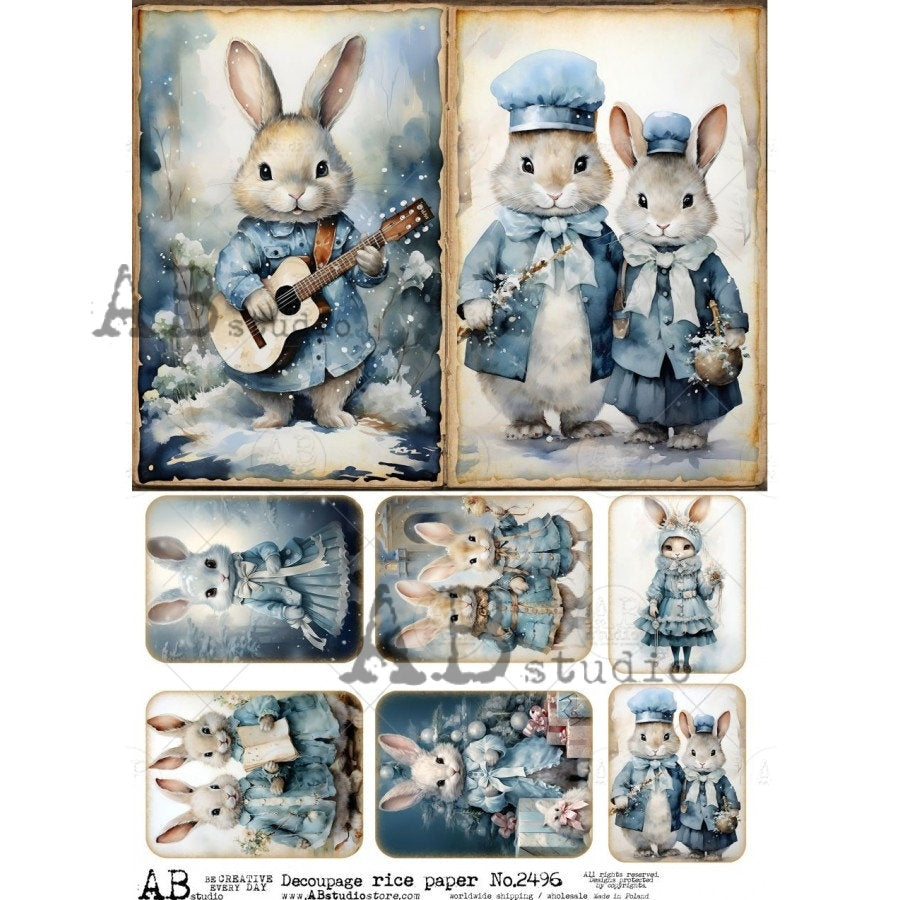 AB Studio Shabby Chic, Vintage, Blue, Bunny, Rabbit, Couple, Squares, 2496, A4 8.27 X 11.69 Rice Paper for Decoupage Imported from Poland