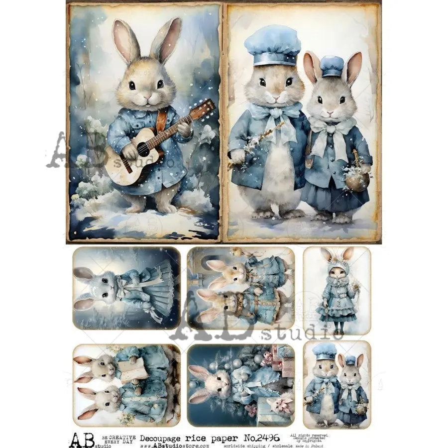 AB Studio Shabby Chic, Vintage, Blue, Bunny, Rabbit, Couple, Squares, 2496, A4 8.27 X 11.69 Rice Paper for Decoupage Imported from Poland AB Studio