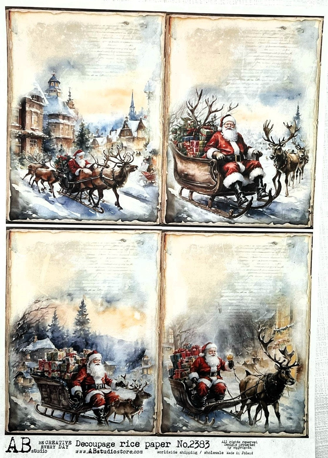 AB Studio, Rice Paper, Christmas, Santa, Sleigh, Reindeer, Squares, A4 2383, 8.27 X 11.69 in Decoupage Imported Poland