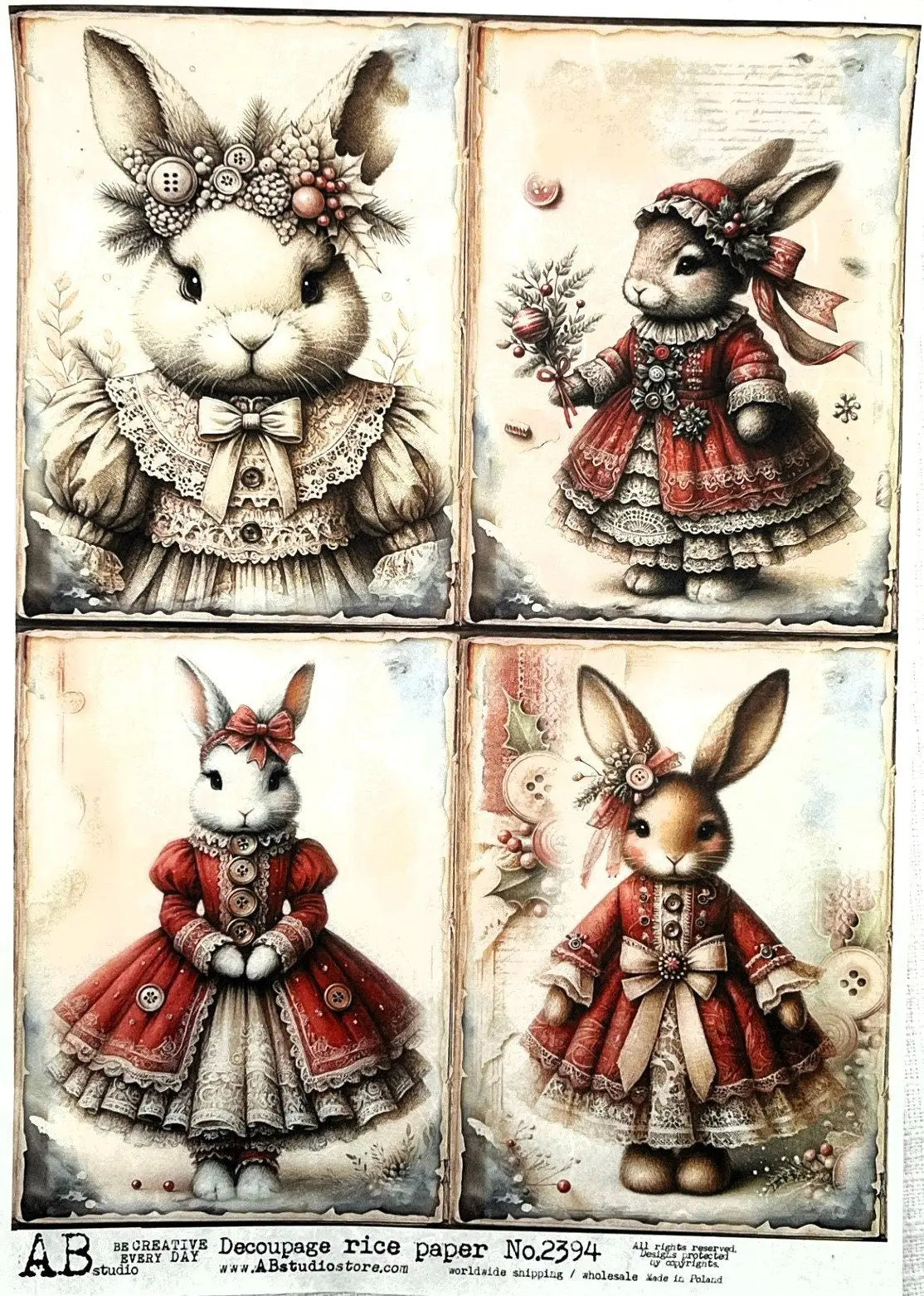 AB Studio, Christmas, Bunnies in Red Holiday Dresses, Festive Bunnies, Squares, 2394, A4 8.27 X 11.69, Rice Paper, Decoupage Imported Poland AB Studio
