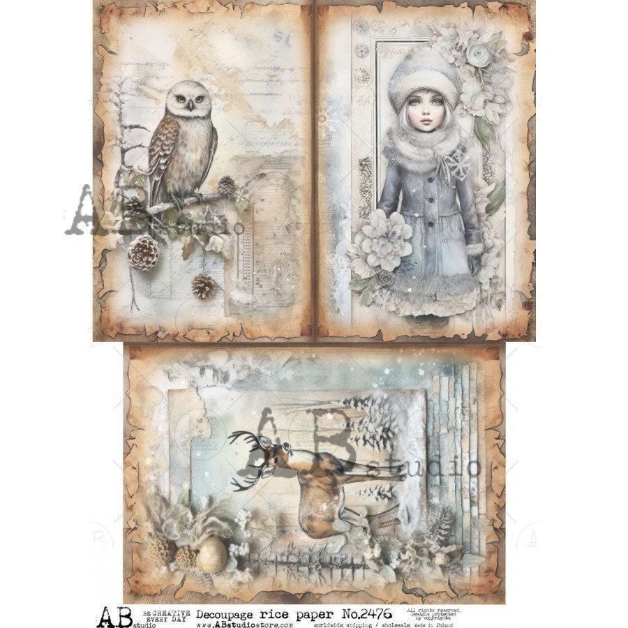 AB Studio, 2023 Release, Christmas, Owl, Deer, Girl, Winter, Shabby Chic, Squares, 2476, A4 8.2 X 11.6 Rice Paper Decoupage, Imported Poland