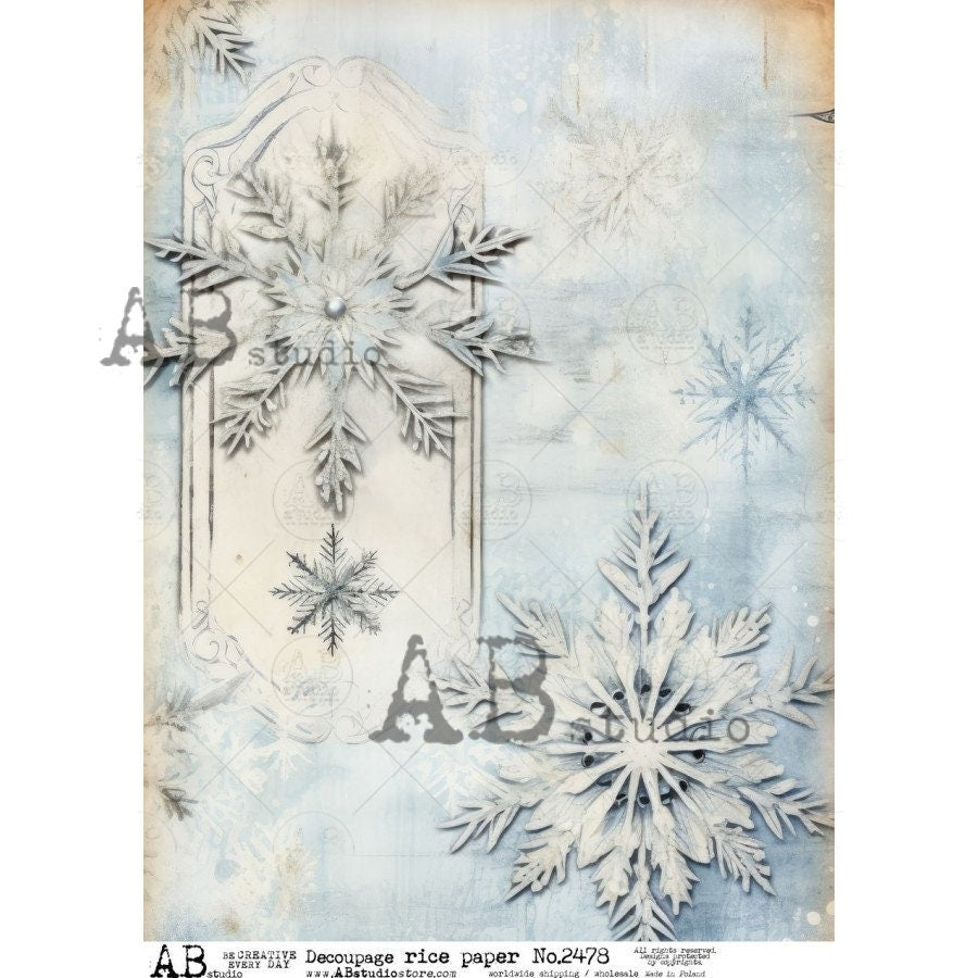 AB Studio, Rice Paper, 2023 Release, Shabby Chic, Decoupage, Christmas, Snowflakes, Blue, Ice, Background, Wallpaper, 2478, A4 8.27 X 11.69