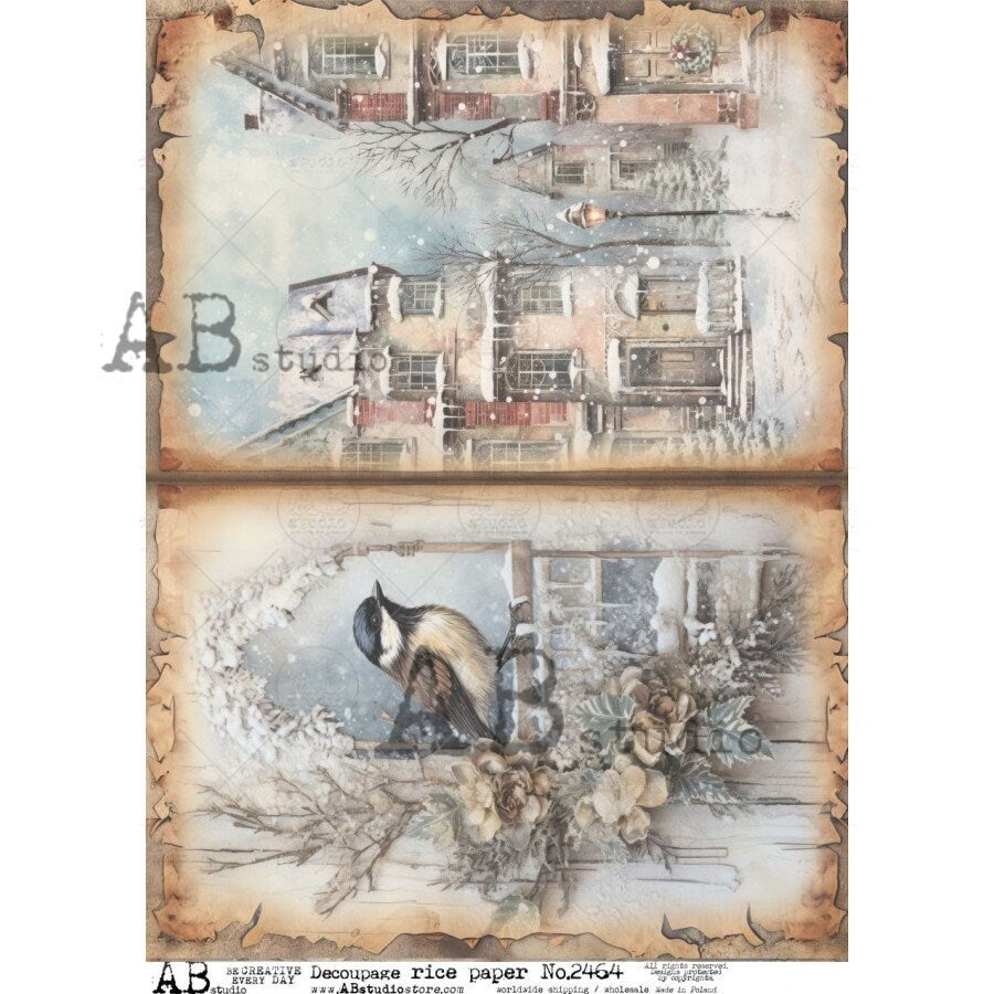 AB Studio, 2023 Release, Christmas, Bird, Houses, Winter Scenes, Shabby Chic, 2464, A4 8.2 X 11.6 Rice Paper Decoupage, Imported Poland