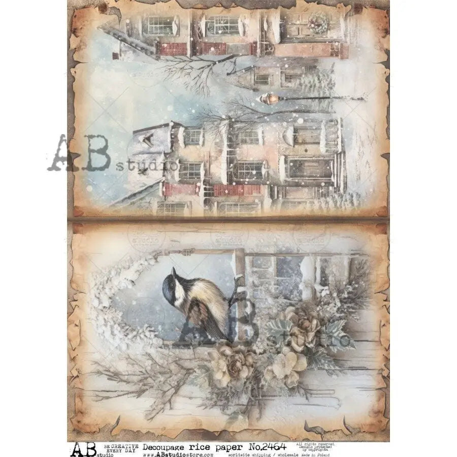 AB Studio, 2023 Release, Christmas, Bird, Houses, Winter Scenes, Shabby Chic, 2464, A4 8.2 X 11.6 Rice Paper Decoupage, Imported Poland AB Studio