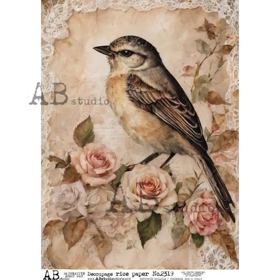 AB Studio, 2023 Release, Bird, Pink Roses, Lace, Vintage Style, Shabby Chic, 2319, A4 8.2 X 11.6 Rice Paper Decoupage, Imported Poland AB Studio