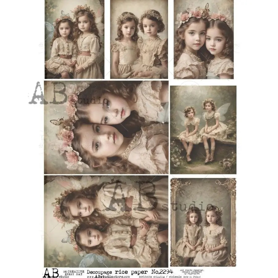 AB Studio, 2023 Release, Vintage Girls Portraits, Birds, Roses, Squares, Shabby Chic, 2294 A4 8.2X11.6 Rice Paper Decoupage, Imported Poland AB Studio