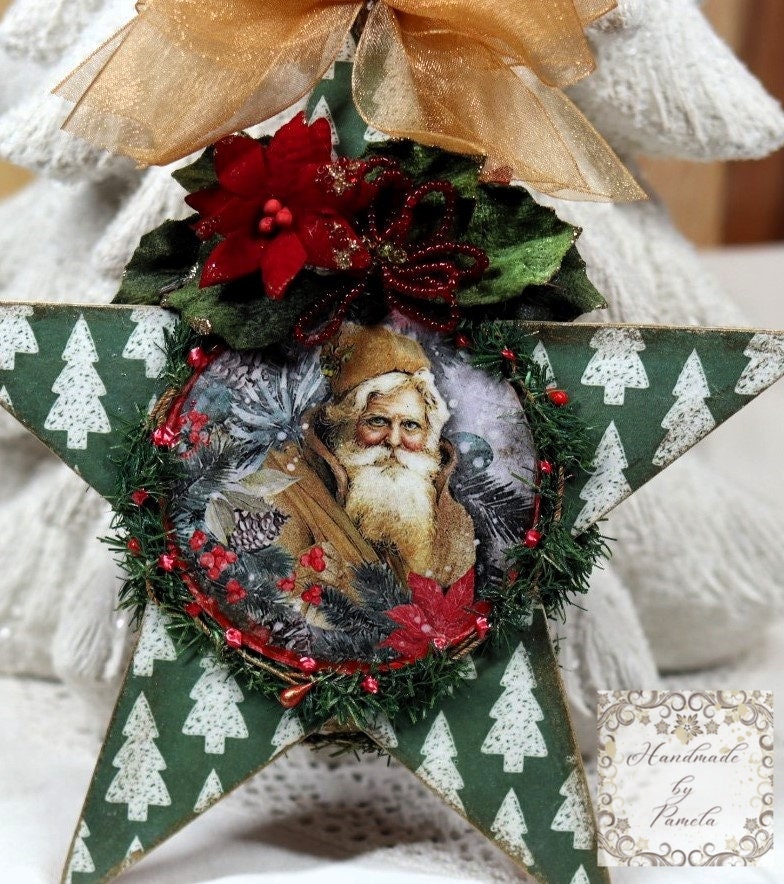 Handcrafted, Shabby Chic, Mixed Media, Vintage Style, Decoupage, MDF Star, Santa, Cardinal, Reversable, Christmas Ornament, Decoration