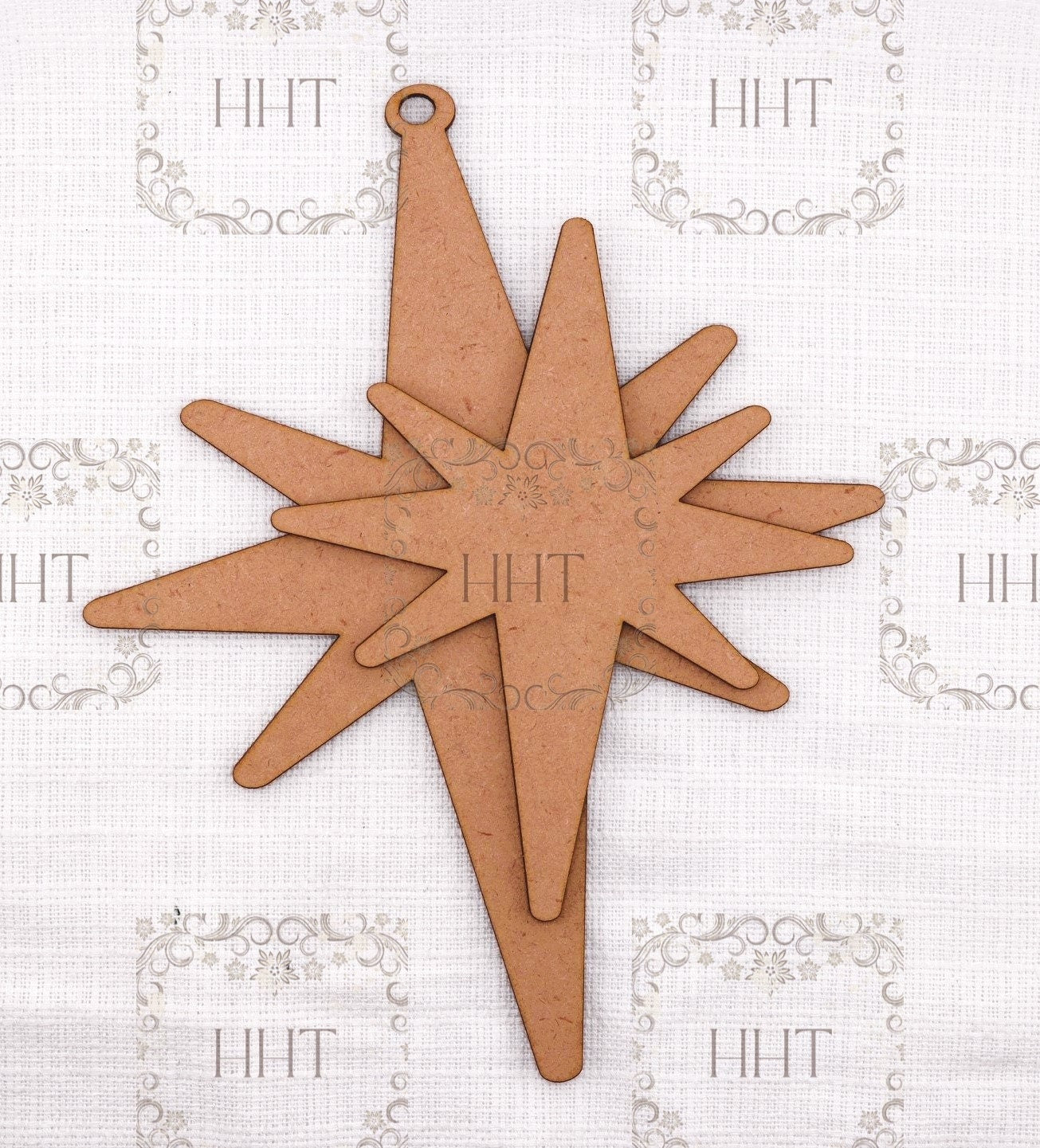 Laser Cut MDF, Bethlehem Star, Pendant, Ornament, Blank, Base, Center Overlay 2 pc, Decoupage, Mixed Media 6.25" x 7.75" inches, 1/8 in