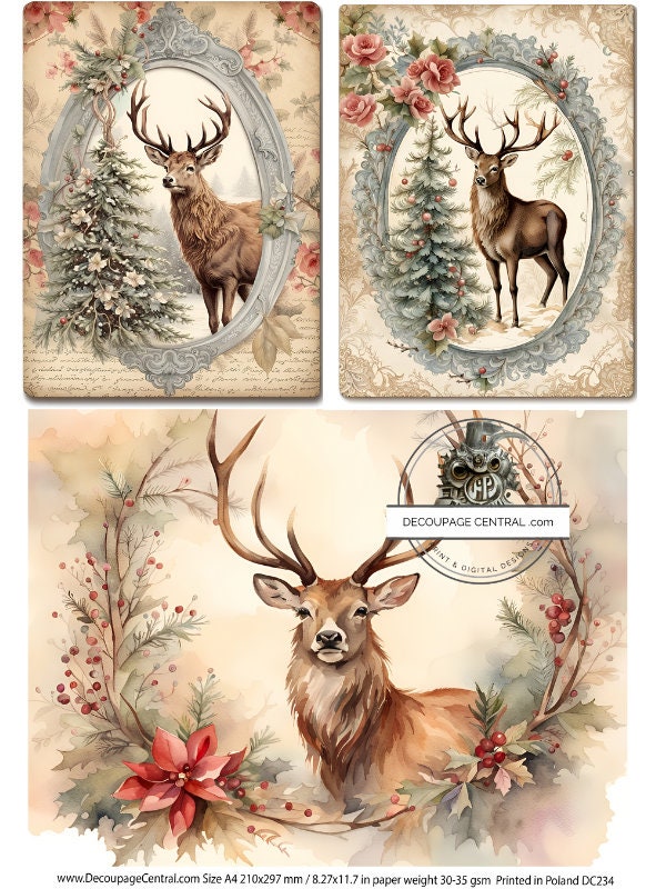 Decoupage Central, Holiday, Stag, Floral, Christmas, Deer, Shabby chic, DC234, Rice Paper, Decoupage, Mixed Media, A4 8.27x11.69 in